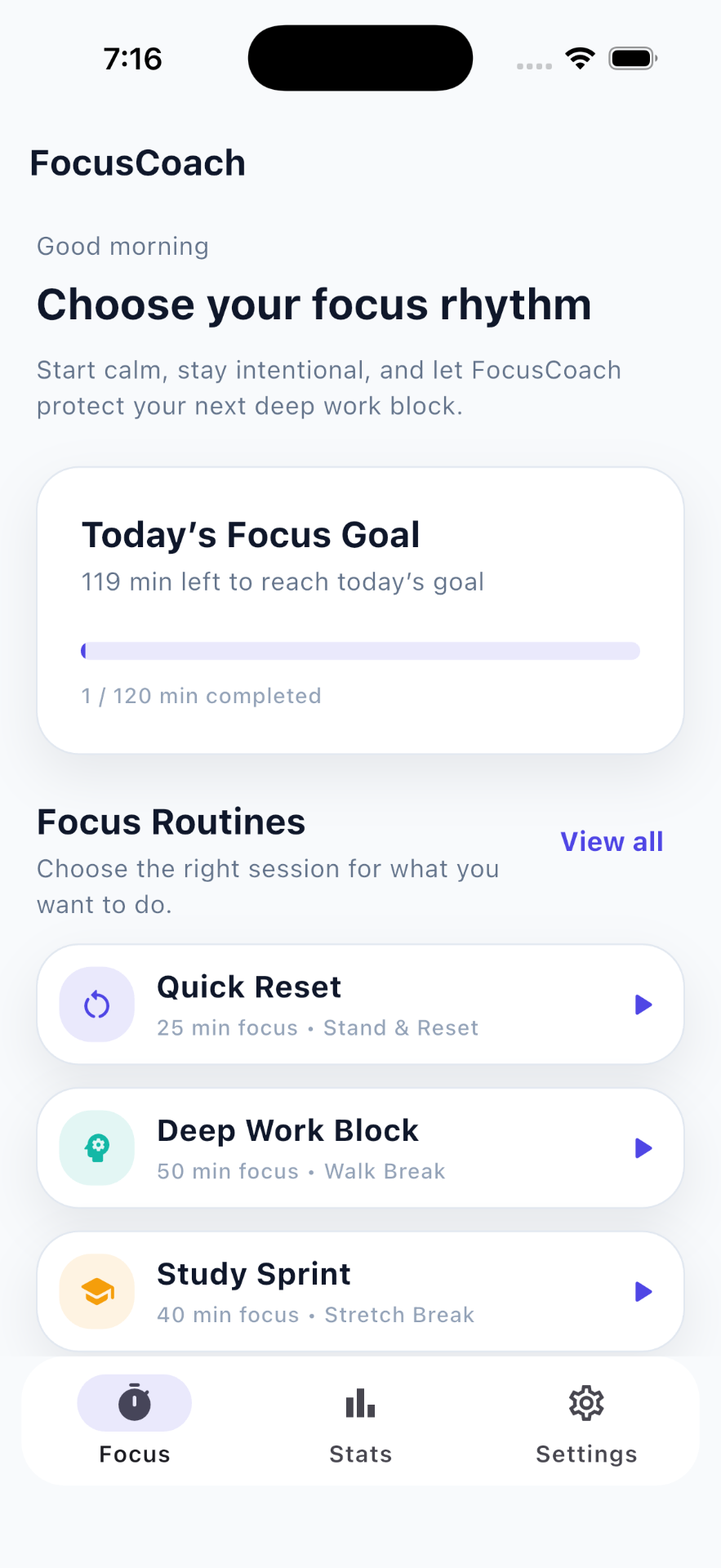 FocusCoach app screen showing daily focus goal and focus routines